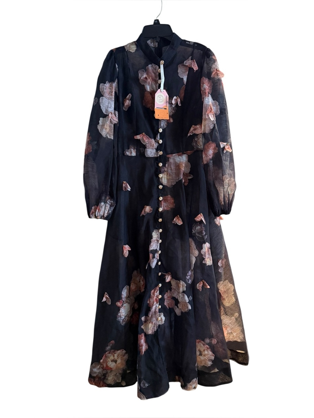 Sunfere Black Sophie 3D Floral Print Long Sleeve Midi Dress - NO BELT - Picture 2 of 11